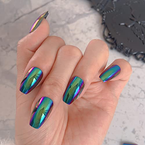 Ikiskt Holo Green Press On Nails Medium Coffin Chrome Metal Capa completa espelho de unhas falsas Falsas unhas pré-design para mulheres Manicure para garotas para festival Party 24 PCs