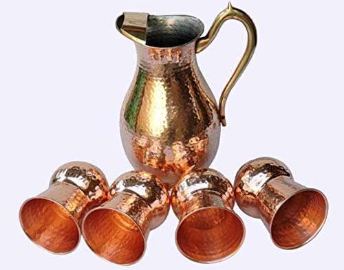 Mão martelou puro Copper Water Todbler Jug Handmade Ayurveda Health Healking Serviing Drinkware Jug com 4 copos de copos estabelecidos