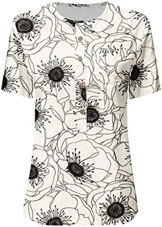 Botões de impressão de flores casuais da moda feminina o pescoço de manga curta camiseta camiseta mock rush camiseta camiseta