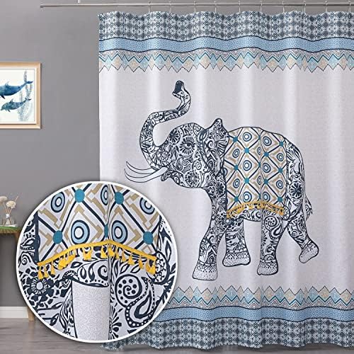 Cortina de chuveiro da fazenda de tecido texturizada Owenie, 72 polegadas de comprimento, impressão digital elefante elefante elefante boho decoração de banheiro, cortinas de banho de tecido resistentes à água
