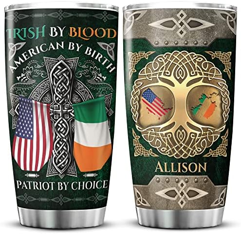 Koixa Irish by Blood American por Birth Nome personalizado Tumbler com tampa Celtic Cross Irlanda American Tree of Life St
