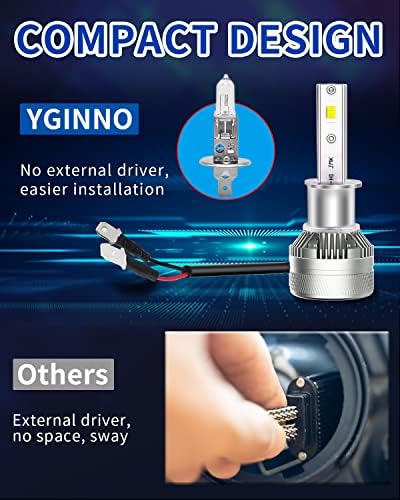Yginno H1 lâmpadas de farol de LED 2023 atualizadas, 70w 16000 lúmens 500% mais brilhante 6000k Kit de conversão de faróis de LED branco de 6000k, nenhum adaptador é necessário, 1: 1 mini tamanho fácil instalação, pacote de 2
