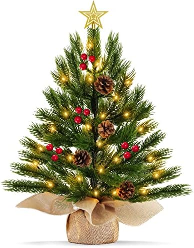 TurnMeon 18 Prelit Tabletop Christmas Tree com timer 30 luzes 8 Modos Estrela operada por bateria 12 Berry vermelha 4 Pinecone realista como artificial pequena árvore de Natal Decorações de Natal em casa