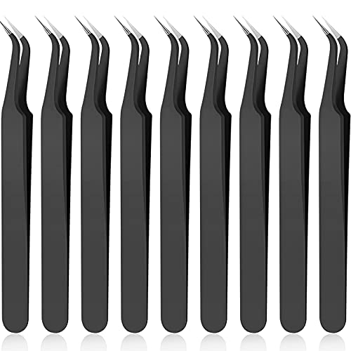 9 peças Pinças de extensão de cílios de ponta curva, pinça de ponta de ponta curva de aço inoxidável Tweezers pontia