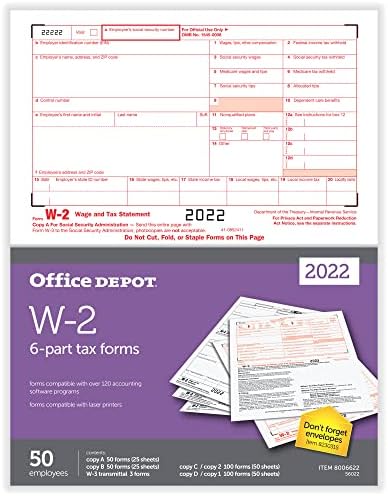 Office Depot® Brand W-2 Formulários de imposto a laser, 6 partes, 2-up, 8-1/2 x 11, pacote de 50 conjuntos de formulários