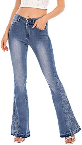 Calça de flare para mulheres jeans elásticos cintura esticada sino de baixo de plus size calça de jeans casual mulheres destruíram calças