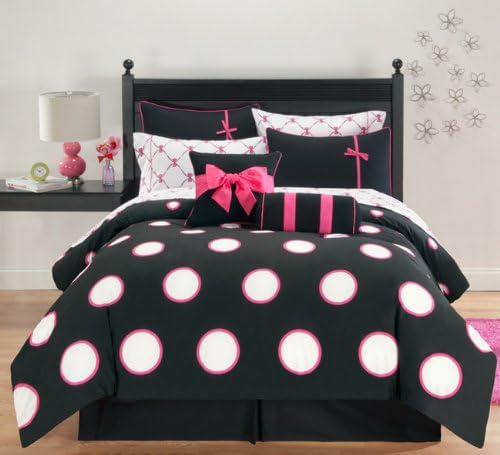 VCNY Home Sophie Polka Dot 10 peças Bed-in-a-Bag Conjunto de edredom, completo, preto/rosa