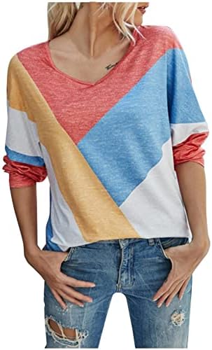 Tampas de pescoço em V feminino e blusas de túnica de túnica de mangas compridas blusas de cor sólidas de coloração de coloração