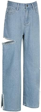 Ethkia Jean calça para mulheres com buracos Mulheres jeans de cintura alta pérola jeans folga calças soltas calças casuais soltas