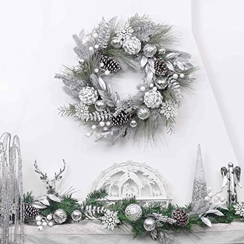 Valery Madelyn Frozen Winter Silver White Christmas Decoration Bundle pré-iluminada 24 polegadas Wreath Christmas Christmas