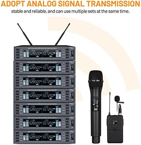 Microfone sem fio vocal Hiberr, canal duplo UHF MIC sem fio 2x60 Frequências ajustáveis, faixa de 300 pés, para cantar,