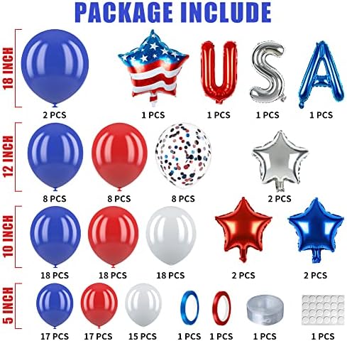 143pcs 4 de julho Decorações vermelhas brancas e azuis Garland arco Kit Decorações patrióticas FOILE USA E FLAND STARS MYLAR BALLOONS