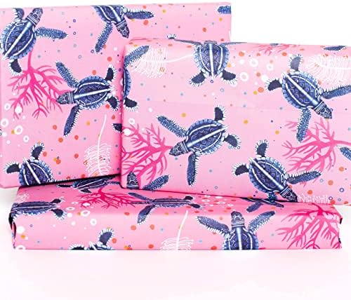 Central 23 - Papel de embrulho rosa - Tartarugas azuis - embrulho de presente de aniversário - 6 folhas - para meninas mulheres