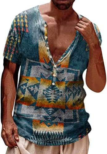 XXBR Mens Aztec Henley Shirts 3D Retro Boho Button V Casual Casual Tops Casual Camisa Graphic Beach de manga curta