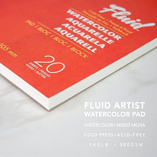 Fluid Artist Watercolor Pad, 140 lb de papel de prensa a frio para pintura em aquarela e mídia úmida, dobra, 12 x 18 polegadas,