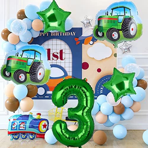 Balões de trator 5pcs, número de aniversário do trator verde Mylar Foil Balloon Farm Theme 3rd Birthday Party Supplies Decor