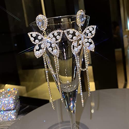 Xerling Brincos de borboleta de strass de ouro para mulheres Faux Pearl Butterfly Crystal Tassel Brincos para meninas Brincos de noiva