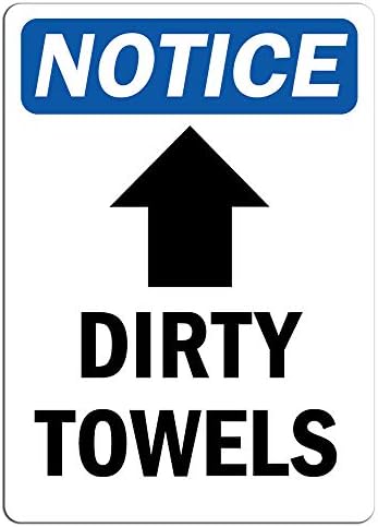 Aviso - toalhas sujas [seta para cima] sinal com símbolo | Etiqueta adesiva de adesivos de varejo signa de sinaliza em