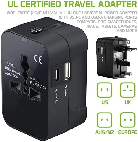Viagem USB Plus International Power Adapter Compatível com LG LS770 para energia mundial para 3 dispositivos USB TypeC, USB-A para viajar entre EUA/EU/AUS/NZ/UK/CN