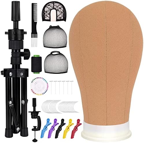 Cenoz de 22 polegadas de lona Block Head, Wig Stand Tripé com cabeça, cabeça de manequim para perucas, Manikin Canvas