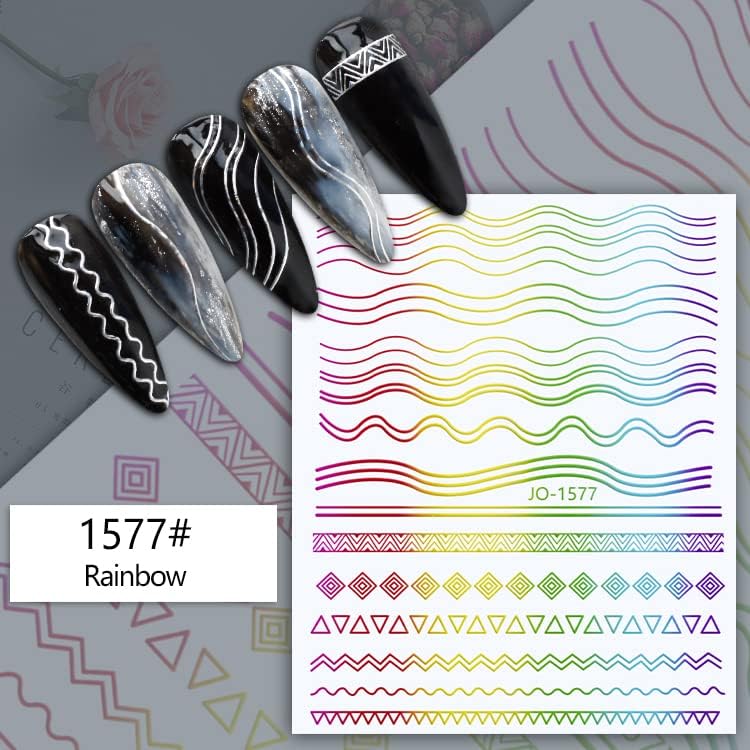 Decalques de adesivos de arte da linha de cores iridescentes 12 folhas de 12 folhas 3D Decalques de unhas auto-adesivas incluem