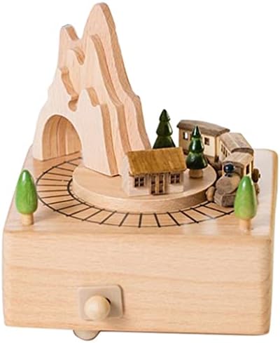 Slnfxc Wooden Musical Box com túnel de montanha com pequeno trem netírico em movimento