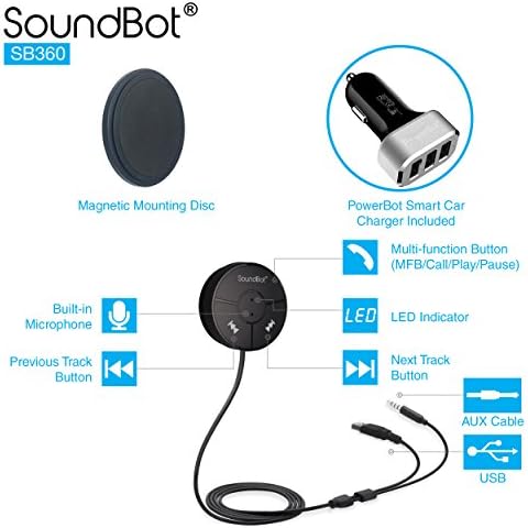 Soundbot SB360 Kit de carro Bluetooth Dongas de transmissão sem fio e streaming de música sem fio com porta dupla de