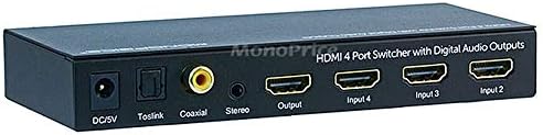 MONOPRICE Blackbird 4x1 HDMI 1.4 Switch - HDCP 1.4, com Toslink, Coaxial Digital e Extrator de Áudio Analog, 1080p 60Hz, Cabo DAC e Audio - 1,5 pés - preto | Macho estéreo premium para 2rca masculino 22AWG