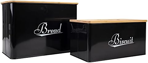 Caixa de pão xbopetda e conjunto de estanho de biscoitos, recipiente de armazenamento de metal com tampa de bambu, balcão de cozinha - ideal para biscoitos de armazenamento, biscoitos, biscottera, pão, croissant e lanche - preto