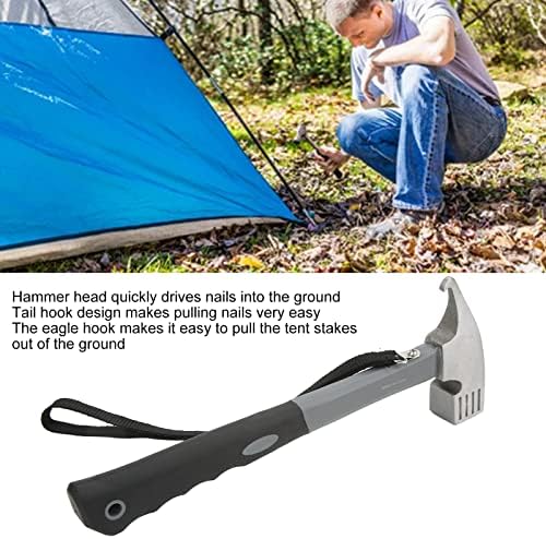 martelo de acampamento PLPLAAOBO, martelo de tenda de acampamento portátil portátil de serviço pesado com cordão de conexão com extrator para acessório de acampamento preto ao ar livre