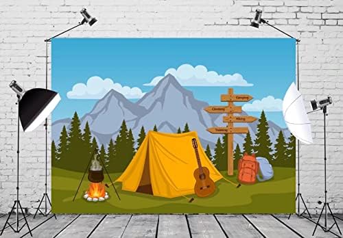 BELECO Cartoon Camping Cenário de 5x3ft Floresta e cenário da montanha Camper ao ar livre campfire tenda de tenda de aniversário Party Party Backdrop Chegando placas de escalada Backpacks