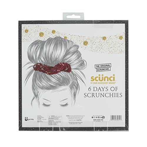 O conjunto original de presentes de glamour do Scrunchie® Six Days of Scrunchies inclui 6 designs exclusivos: chiffon de ponta, veludo branco, veludo preto, cetim listrado em preto e branco, veludo bege em