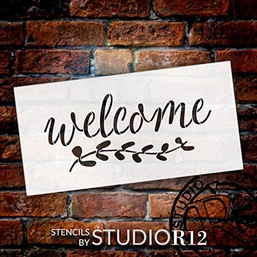 Bem -vindo com Vine Stegncil por Studior12 | Modelo Mylar reutilizável | Use para pintar sinais de madeira - varanda da frente -