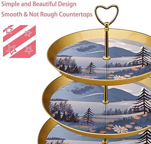 3 Placa de fruta de cupcakes de 3 camadas de sobremesa Plástico para servir suporte de exibição para casamento de aniversário Decorações de chá de chá de chá de bebê redondo, paisagem árvores montanhas