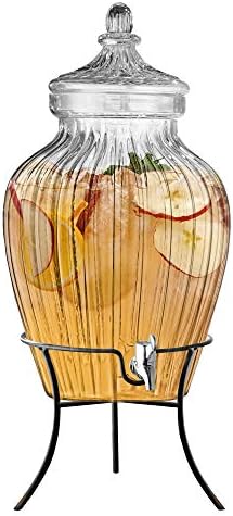 Setter de estilo 210324-GB Bebida gelada Dispensador de glass de vidro W Metal Stand, Spigot de acrílico à prova de vazamentos em uma linda caixa de presente para festas e celebrações, capacidade de 2,75 galões, Limpa