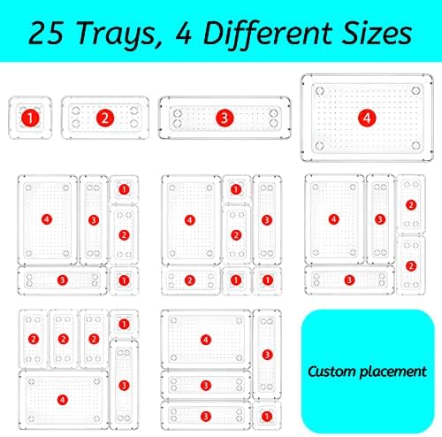 25 PCs Clear Gaveer Organizadores, 4 tamanhos, organizadores de gavetas de vaidade plástica e caixas de armazenamento, bandejas de gavetas