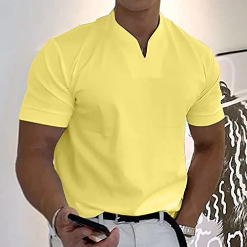 Homens de topo casual sólido sem padrão com bolsos esportes de manga curta Treina de treinamento de fitness de decote em V T-shirt top