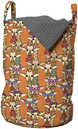 Bolsa de lavanderia engraçada de Ambesonne, girafas em copos florais com lenços de arbustos lenços de luxuosos animais savana, cesta de cesto com alças fechamento de cordão para lavanderia, 13 x 19, multicolor