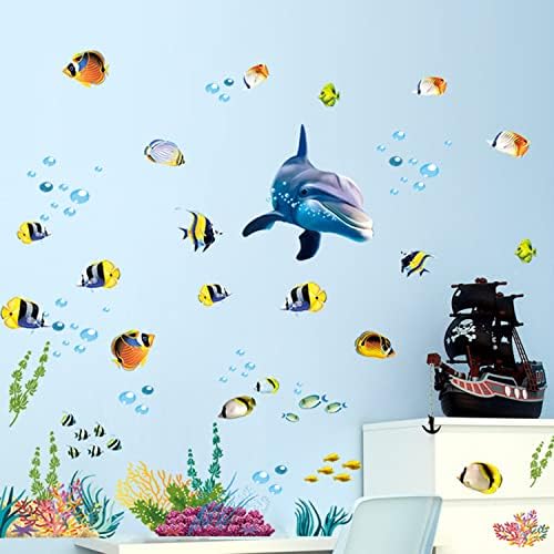 Decalque de parede de golfinhos azul -aquarela do oceano, decoração de parede de peixe de animais marinhos marinhos 3D Oceano, adesivos de parede de arte mundial subaquática para crianças banheiro do quarto do quarto