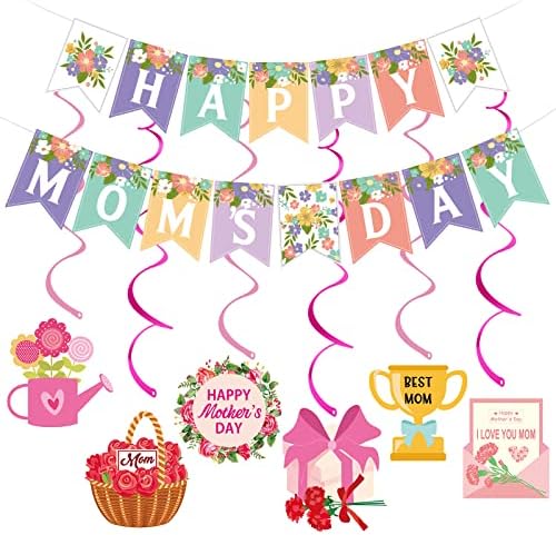 Decorações felizes do dia das mães, bandeira do dia das mães felizes e decorações de redemoinhos pendurados no dia das mães