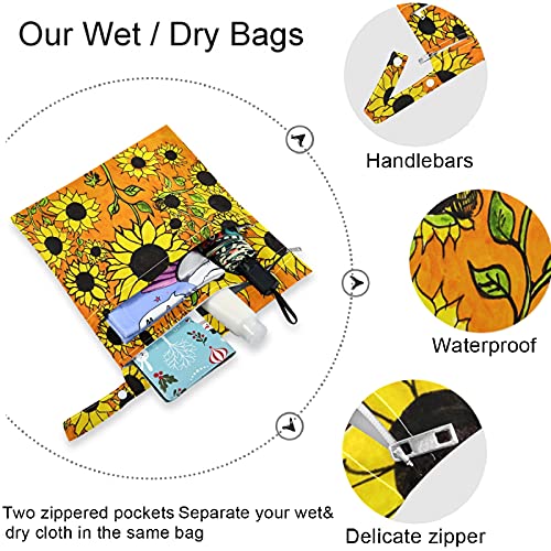 VISESUNNY 2PCS Bolsa molhada com bolsos com zíper lastível Saco de fraldas de girassol amarelo reutilizável abstrível para viajar,