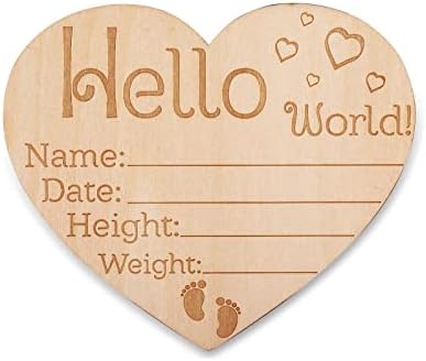 LustriousToy Wooden Baby Anúncio Sinal, sinal de anúncio de nascimento, Hello World Newborn Sign, para foto do bebê Presente de viveiro de chá de bebê （em forma de coração)