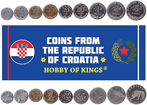 9 moedas da Croácia | Coleção de moedas croatas 1 2 5 10 20 50 Lipa 1 2 5 Kuna | Circulou 1993-2021 | Marten | Urso marrom | Nightingale | Atum | Velebit DeGenia | Oak vermelho | Uvas
