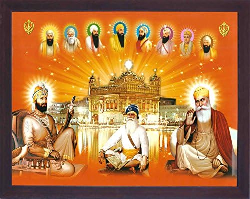 Gurunanak Dev Ji, Gurubobind Singh Ji com Baba Deep Singh Ji com outros oito Guru e Golden Temple, um pôster de pintura religiosa