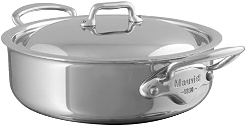 Mauviel M'Cook 5 camadas de aço inoxidável Rondeau/Braiser Pan com tampa e alças de aço inoxidável fundido, 6-qt, feitas