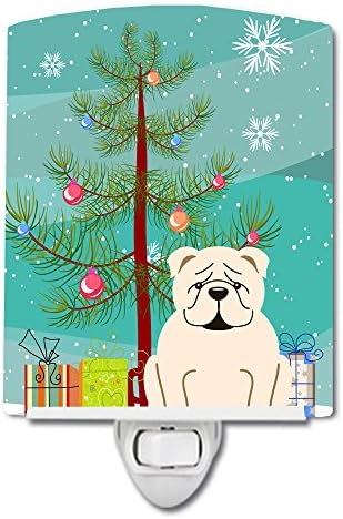 Tesouros de Caroline BB4248CNL Feliz Natal Árvore Inglês Bulldog Cerâmica Branca Night Light, Compact, Ul certificada, ideal para quarto, banheiro, viveiro, corredor, cozinha, cozinha,