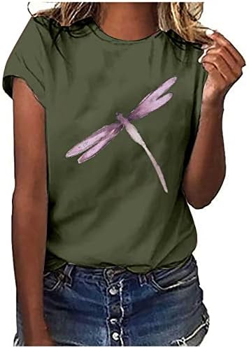 Tops de verão para mulheres Casual Casual Dragonfly Print Crewneck T camisetas Blusa de manga curta solta Camiseta gráfica fofa