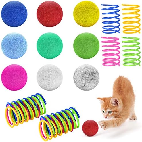 Weewooday 6 peças Brinquedos de bola de lã e 12 peças Cat Springs Springs coloridos Bolas de lã feitas de lã Kitten Springs para gato amante de gatos Kitten Pet Interactive Toys