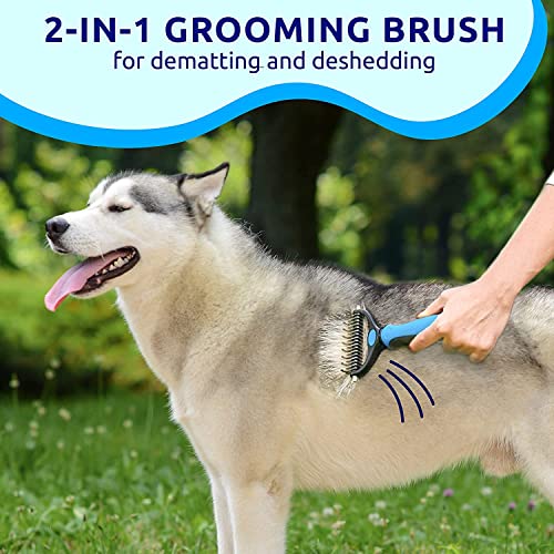 Burelco Dog derramando escova e desmatamento a rake de 2 lados a rake para cães e gatos - para tapetes, emaranhado e nós - ancinho para cã
