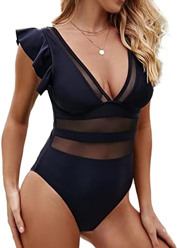 VIMPUNEC Mesh Ruffle Swimsuits para mulheres Sexy Deep V Neck Bathing Suits High Cut One Piece Swimsuit